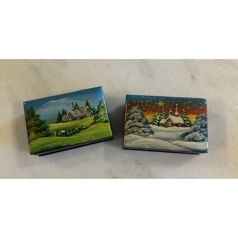 Set Of 2 Russian Black Lacquer Hand Painted Trinket Boxes House In Summer Winter